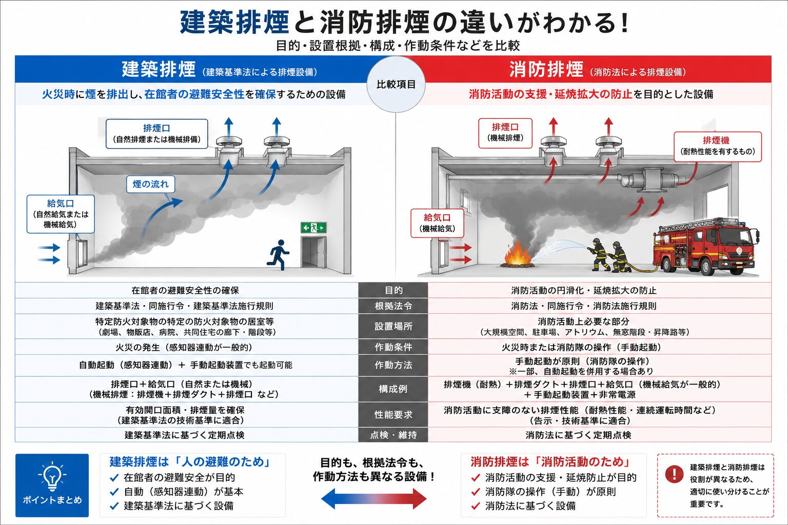 建築排煙と消防排煙の違い比較図（目的・設置根拠・構成・作動条件）