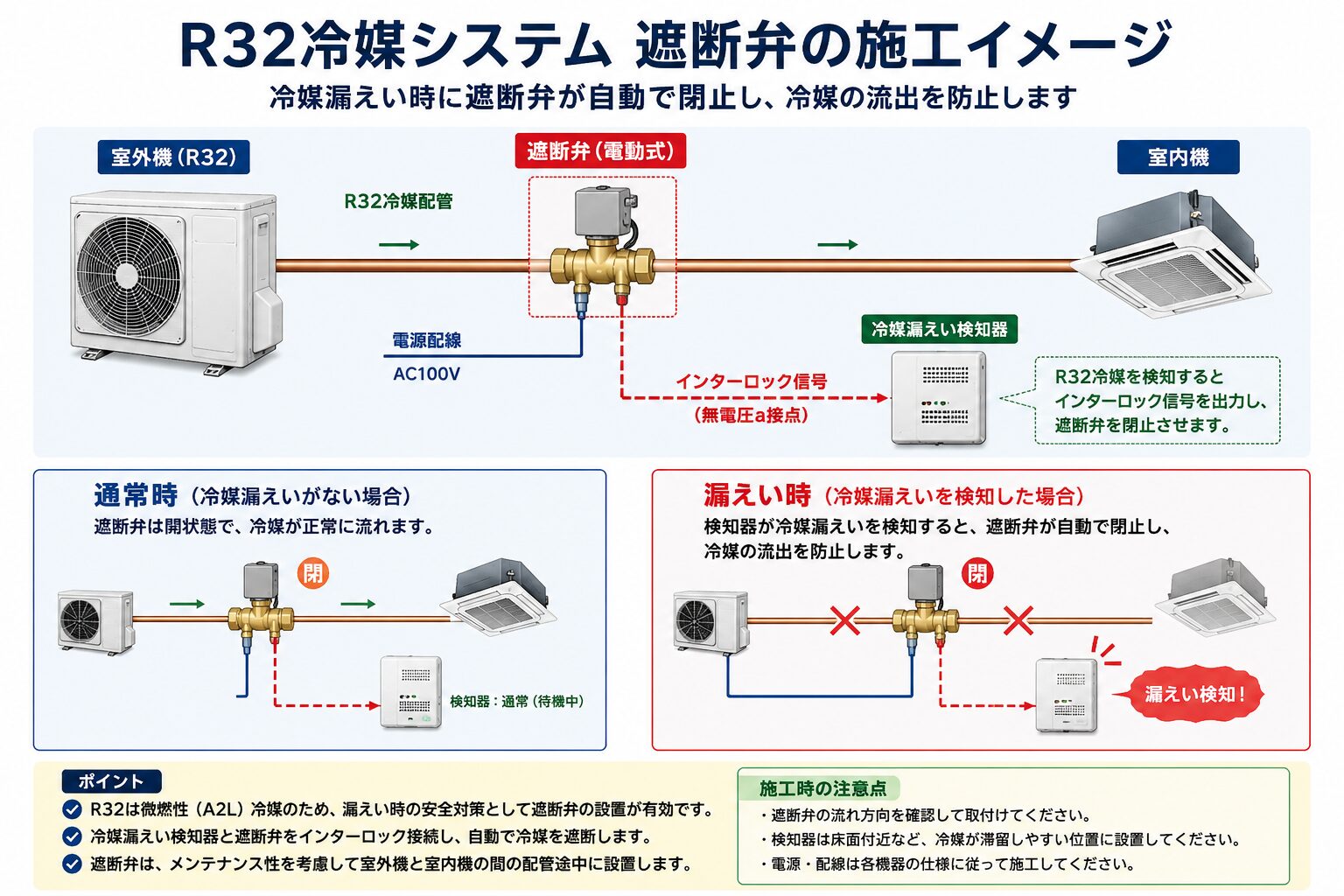 R32冷媒システム 遮断弁の施工イメージ