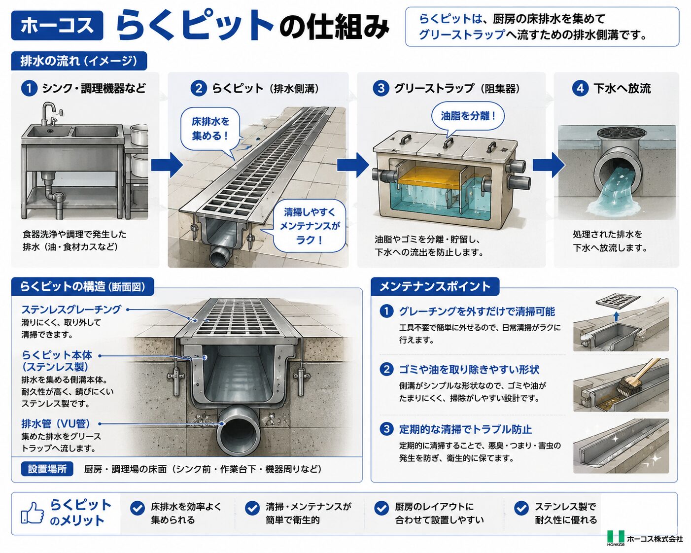 ホーコス らくピットの仕組み｜排水の流れと構造断面図